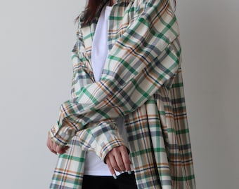 Check shirt for women, Long oversize shirt , Plaid shirt button up, Plaid womans shirt, White and green check