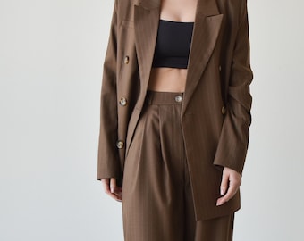 Palazzo pants and blazer, Brown high waist wide leg pants, Womens trouser and jacket, Striped women suit