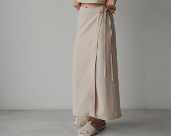 Linen wrap skirt for women and linen top, Beige linen skirt and top, Wrapped skirt, Long straight skirt, Linen crop top
