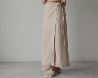 Linen wrap skirt for women, Beige linen skirt with slit, High rise skirt, Wrapped skirt, Long straight skirt, Midi belted skirt