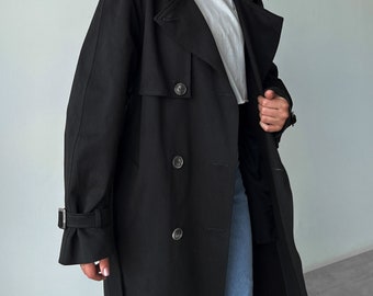 Faded Black trench coat, Double breasted oversize trench coat for women, Classic cotton long coat for fall and spring