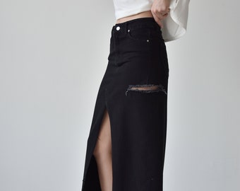 Jeans maxi skirt, black jeans skirt, long skirt with slit