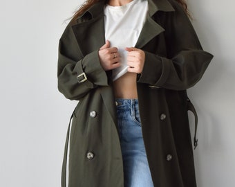 Dark Green Trench coat for women, Cotton trench coat with belt, Oversized ladies trench coat, Classic long trench coat