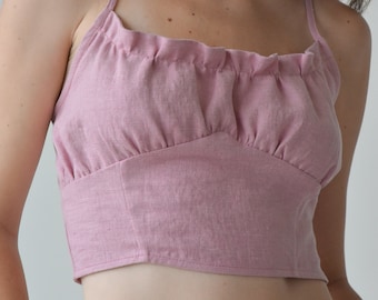 Womens Pink Linen Corset Top, Summer Sleeveless Ruffle Top, Women's Summer Crop Top