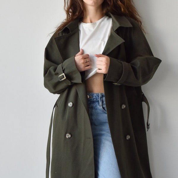 Dark Green Trench coat for women, Cotton trench coat with belt, Oversized ladies trench coat, Classic long trench coat