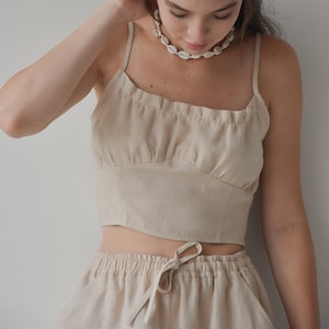 Womens Beige Linen Corset Top, Summer Sleeveless Ruffle Top, Women's Summer Crop Top