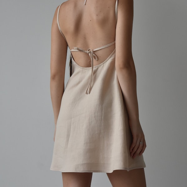 Linen slip dress, Summer mini dress for women, Open back linen dress, Sleeveless strappy dress, Beige dress, Low back strap dress, Sundress