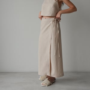 Linen wrap skirt for women, Beige linen skirt with slit, High rise skirt, Wrapped skirt, Long straight skirt, Midi belted skirt