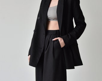 Palazzo pants and blazer, Black high waist wide leg pants, Womens trouser and jacket, Striped women suit