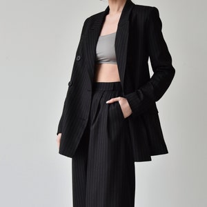 Palazzo pants and blazer, Black high waist wide leg pants, Womens trouser and jacket, Striped women suit image 1