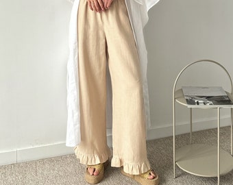 Linen pants for women, High rise ruffle trousers, High waist wide leg linen pants, Linen palazzo pants