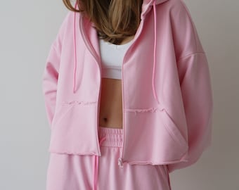 Pink oversized hoodie for women, Zip hoodie and palazzo pants, Custom pink hoodie and joggers, Oversized baggy hoodie, Plain raw edge hoodie