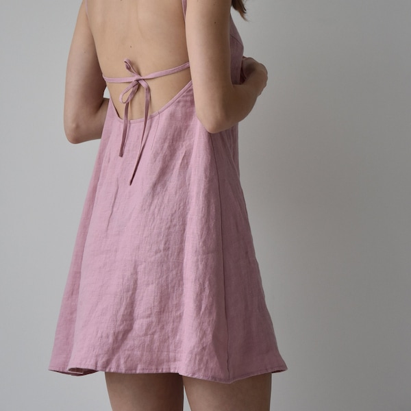 Open back pink linen dress, Linen slip sundress, Summer mini dress for women, Sleeveless strappy dress, Low back dress