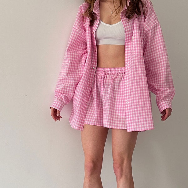 Oversized cotton set, Pink long sleeve shirt and crop shorts, Casual loose plus size shirt and shorts, beach womens suit, summer shorts