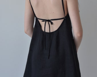 Black linen dress, Linen slip dress, Summer mini dress for women, Sleeveless strappy dress, Open back strap dress, Sundress