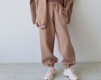 Beige Oversize-Jogginghose, Jogginghose, warme Fleece-Jogginghose für Damen, Winterhose