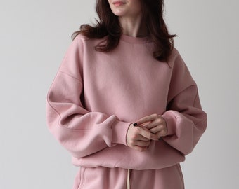 Warm pink sweatshirt for women, Basic oversized sweatshirt, Blank oversize longsleeve, Loose winter crewneck