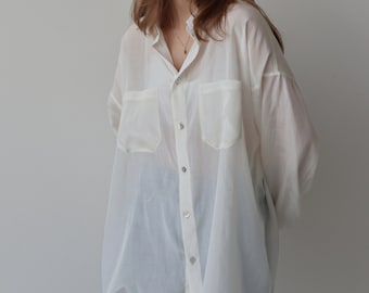 Sheer viscose blouse, White one size loose beach shirt, see-through silk shirt