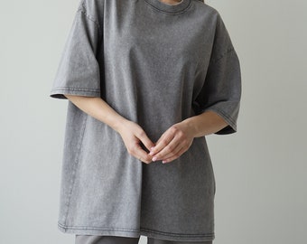 Washed cotton oversized gray t-shirt, unisex wide long casual t-shirt