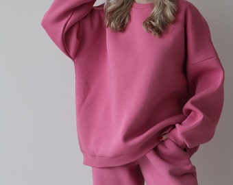 Pink oversized sweatshirt for women, Unisex long sweater, Oversized pink warm sweatshirt