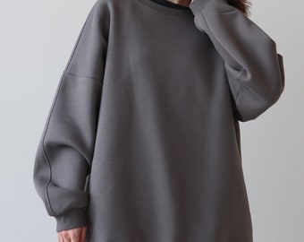 Warm gray sweatshirt for women, Long oversized sweatshirt, Plain gray long sleewe crewneck, Blank oversize longsleeve, Loose winter crewneck