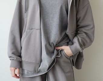 Gray oversized hoodie for women, Zip hoodie, Unisex black hoodie, Oversized baggy hoodie, Plain hoodie, Raw edge hoodie