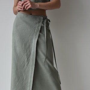 Linen wrap skirt for women, Green linen skirt with slit, High rise pencil skirt, Wrapped skirt, Long straight skirt, Midi belted skirt image 1