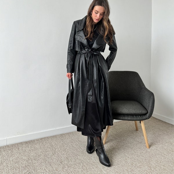Trench-coat en faux cuir pour femmes, trench-coat décontracté noir avec ceinture, manteau en cuir long, trench surdimensionné avec imprimé animal