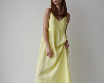 Yellow linen dress for women, Summer loose linen dress, Maxi lemon linen dresses