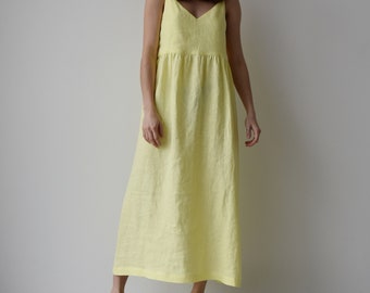 Yellow linen dress for women, Summer loose linen dress, Maxi lemon linen dresses