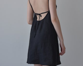 Robe en lin noir, robe slip en lin, mini robe d’été pour femmes, robe à bretelles sans manches, robe à bretelles ouvertes, robe d’été