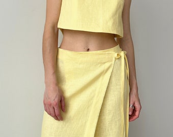 Linen Wrap Skirt with Slit and linen top, Yellow Linen Skirt, Maxi Wrap Skirt for Women, Boho Skirt, High Waist Adjustable Tie