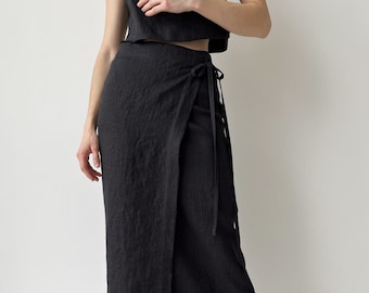 Linen Wrap Skirt with Slit, Black Linen Skirt, Maxi Wrap Skirt for Women, Maxi Wrap Skirt, Boho Skirt, High Waist Adjustable Tie