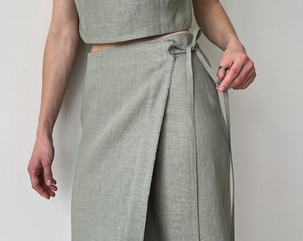 Linen wrap skirt for women, Green linen skirt with slit, High rise pencil skirt, Wrapped skirt, Long straight skirt, Midi belted skirt