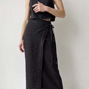 Linen Wrap Skirt with Slit, Black Linen Skirt, Maxi Wrap Skirt for Women, Maxi Wrap Skirt, Boho Skirt, High Waist Adjustable Tie image 1