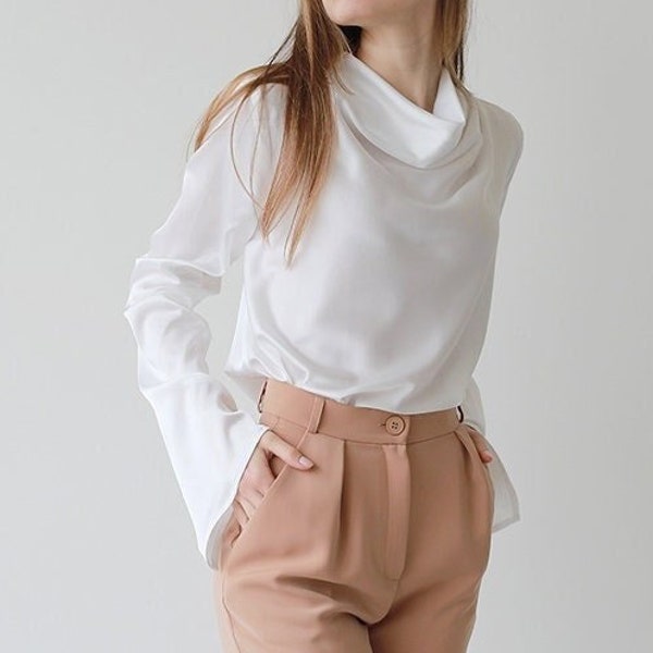 White Silk Blouse for Women, High Cowl Neck Silk Shirt, Elegant Blouse Loose Casual Women Long Sleeve Club Party Blouse