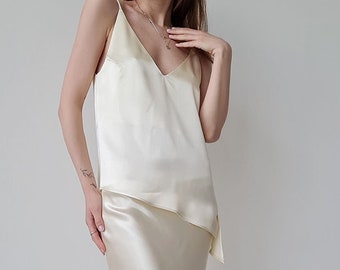 Camisole top for women, Deep v-neck bias cut classic top with side slit, Vest tank cami top, Ivory tank top, White strapped top, Asymmetric