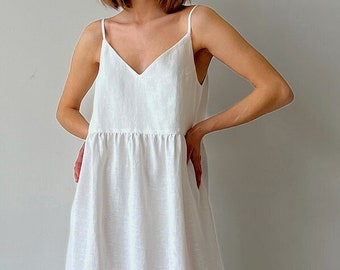 White linen dress for women, Summer loose linen dress, Maxi white linen dresses