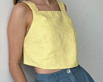Yellow linen crop top with wide straps, Cropped linen top for women, Linen tank top, Linen sleeveless top, Linen crop tank, linen blouse