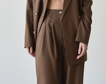 High rise trousers, Brown high waist wide leg pants, Womens trouser, Palazzo pants, Loose pleated pants, Wide leg striped pants for women