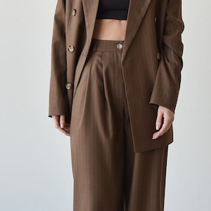 Palazzo pants and blazer, Brown high waist wide leg pants, Womens trouser and jacket, Striped women suit image 2