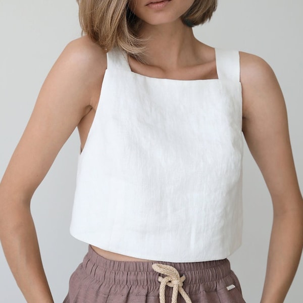 White linen top for women, Linen crop top, Linen tank top, Linen blouse, Linen crop tank, Linen shirt, Cropped linen top, Square neck top