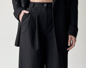 High rise trousers, Black high waist wide leg pants, Womens trouser, Palazzo pants, Loose pleated pants, Wide leg striped pants for women