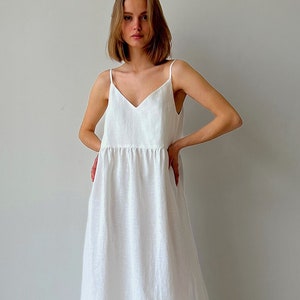 White Linen Summer Bohemian Dress, Smocked Beach Sun Dress Sleeveless ...