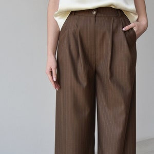 Palazzo pants and blazer, Brown high waist wide leg pants, Womens trouser and jacket, Striped women suit image 3