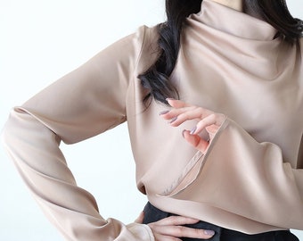 Silk blouse for women, Formal top for women, Funnel neck blouse, Formal Long sleeve blouse, High cowl neck silk shirt, Elegant blouse