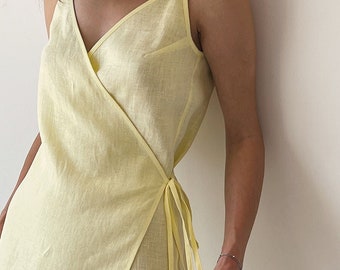 Linen yellow summer wrap dress, Sleevless midi sundress, Casual linen spaghetti strap Dress