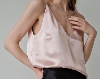 Silky tank cami deep V neck camisole , Pale pink cami top Low cut womens top