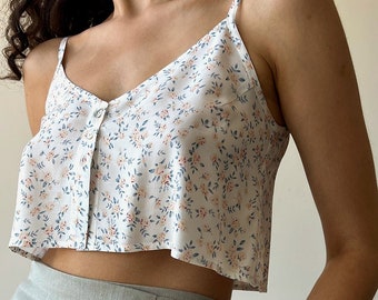 Cami crop top with button front, Floral print top, Deep v-neck tank top, Open back slip top, Button front camisole top for women