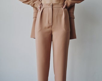 High waisted pants, High waist trousers, Tapered trousers, Womens trousers, Beige trousers, Carrot pants, Tailored pants, Formal pants
